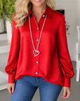 Scarlet Satin Button-Front Puff Sleeve Shirt