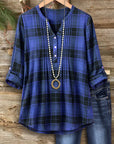 Plaid V-Neck Roll-Tab Sleeve Tunic Top