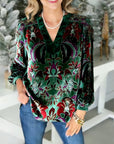 Velvet Floral V-Neck Blouson Sleeve Top