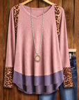Colorblock Leopard Trim Waffle Knit Top