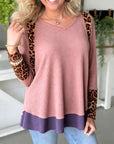 Colorblock Leopard Trim Waffle Knit Top