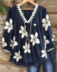 Navy Floral Boho V-Neck Blouse