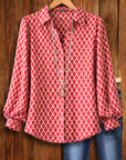 Red Geo Print Collared Puff-Sleeve Blouse