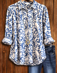 Blue Scroll Button-Down Shirt with Roll-Tab Sleeves
