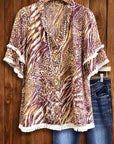 Ruffled Sleeve Mixed Animal Print Blouse