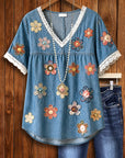 Daisy 3D Print Lace Trim Denim Babydoll Top