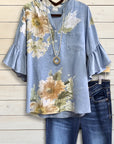 Natural Floral Ruffle Sleeve Blouse