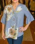 Natural Floral Ruffle Sleeve Blouse