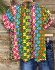 Retro Puff Sleeve Geometric Blouse