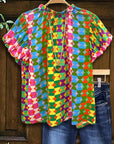 Retro Puff Sleeve Geometric Blouse