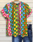Retro Puff Sleeve Geometric Blouse