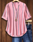 Rose Stripe Buttoned Half Sleeve Blouse