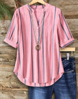 Rose Stripe Buttoned Half Sleeve Blouse