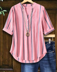 Rose Stripe Buttoned Half Sleeve Blouse