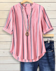 Rose Stripe Buttoned Half Sleeve Blouse
