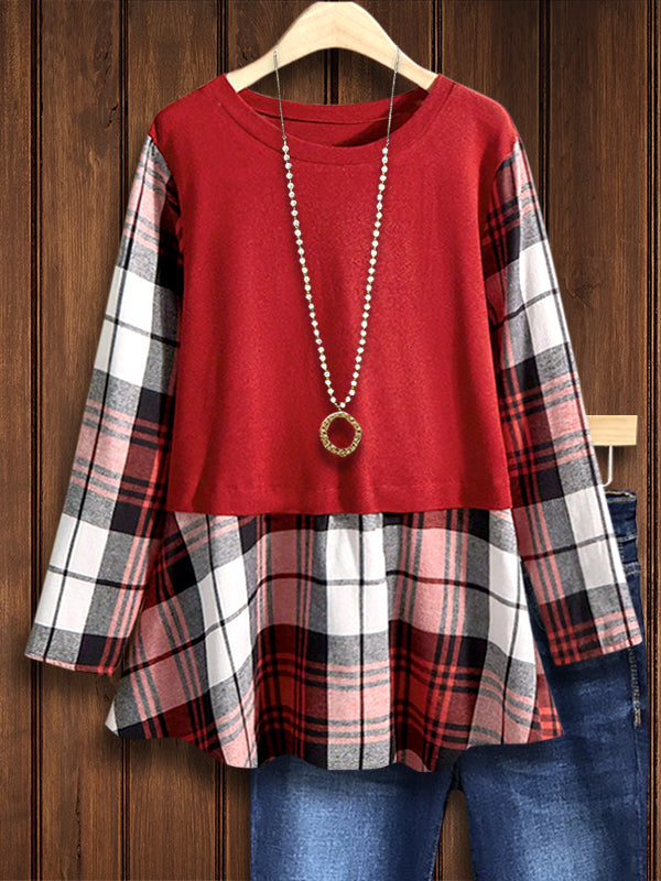 Dark Red Plaid Patchwork Top