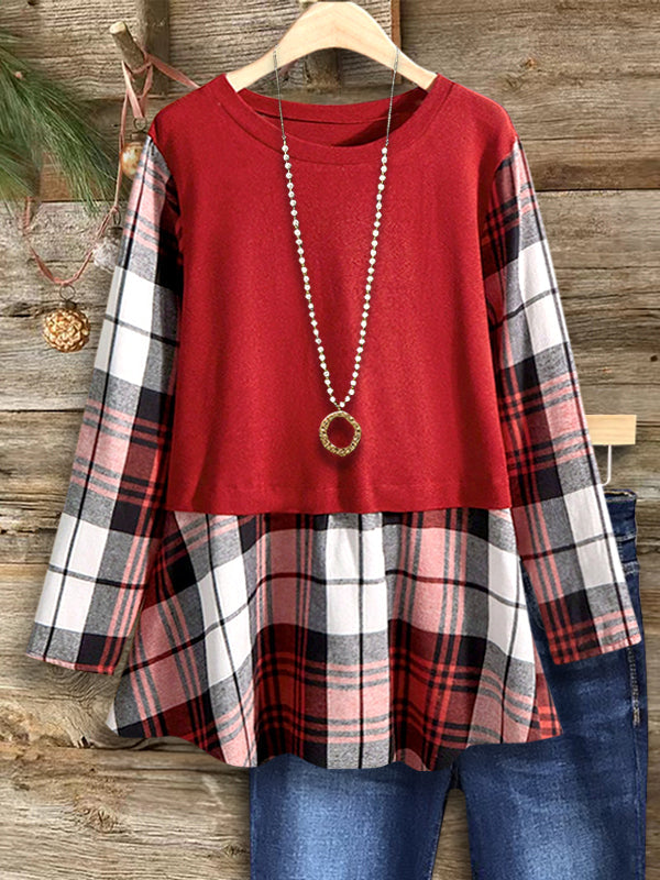 Dark Red Plaid Patchwork Top
