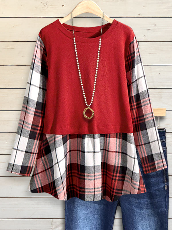 Dark Red Plaid Patchwork Top