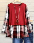 Dark Red Plaid Patchwork Top