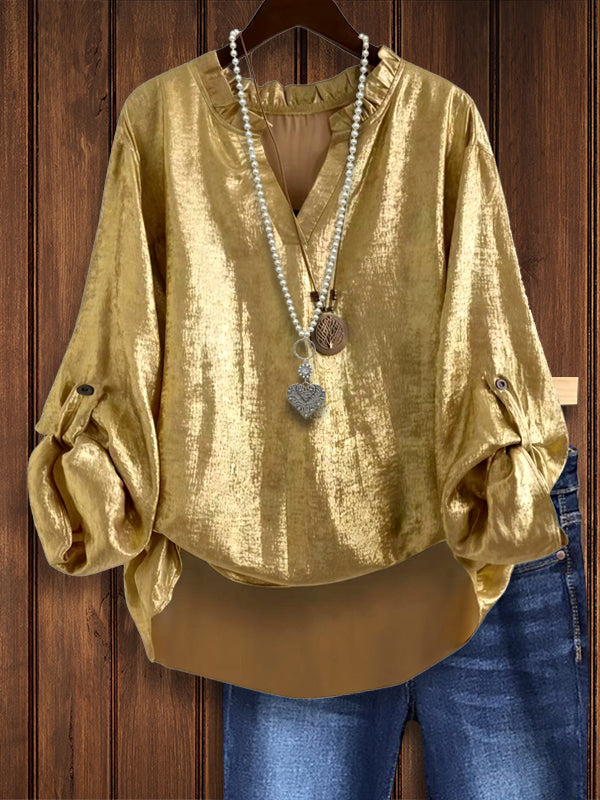 Gold Lantern Sleeve Casual Blouse