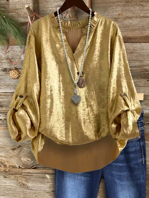 Gold Lantern Sleeve Casual Blouse