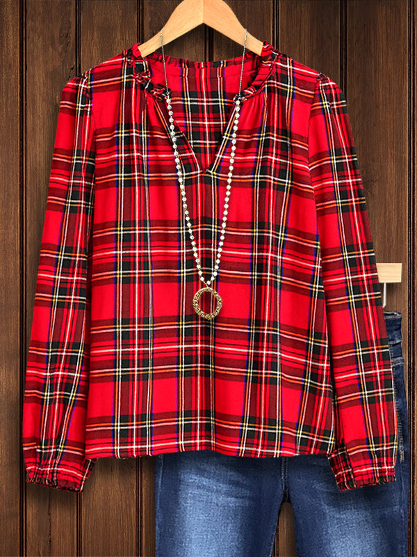 Retro Plaid V-Neck Blouse