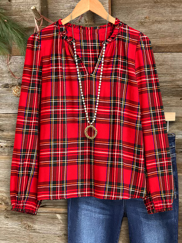 Retro Plaid V-Neck Blouse
