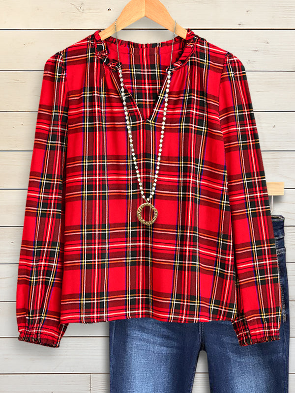 Retro Plaid V-Neck Blouse