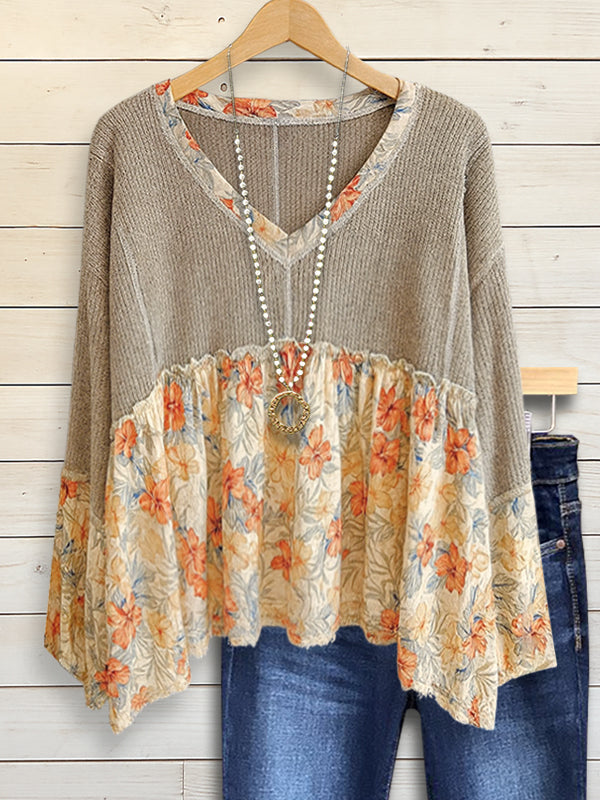 Autumn Bloom Mixed-Fabric Peplum Top