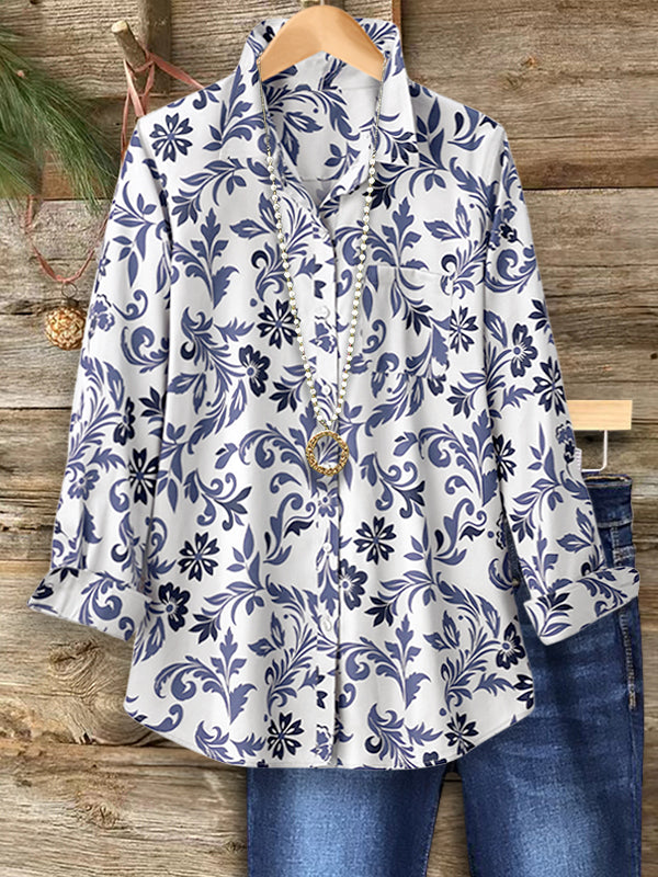 Indigo Grace Floral Button Blouse