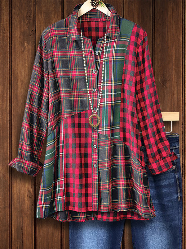Retro Red Plaid Patchwork Shirt