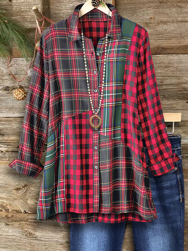 Retro Red Plaid Patchwork Shirt