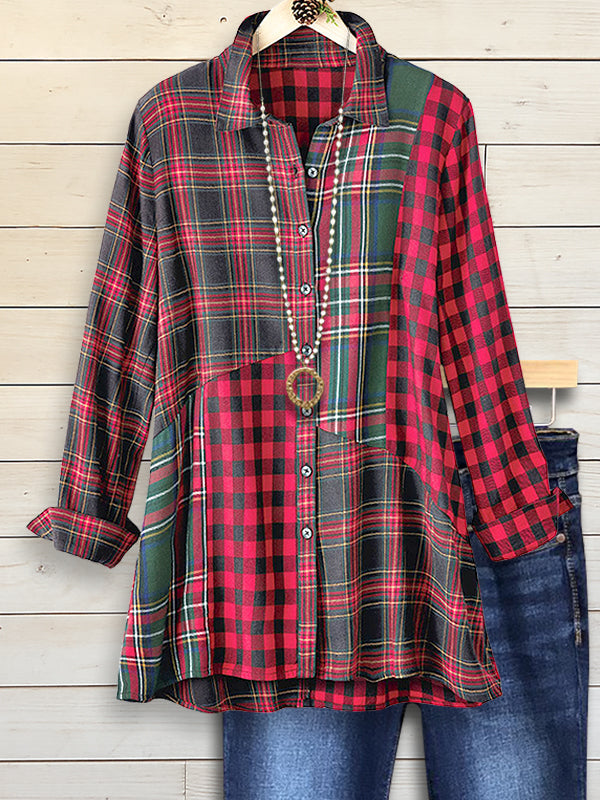 Retro Red Plaid Patchwork Shirt