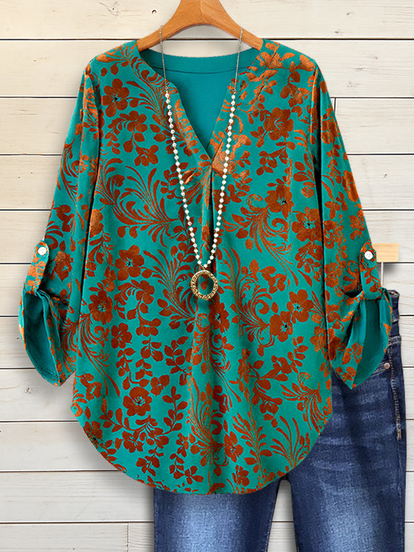 Vintage Velvet Floral Casual Blouse