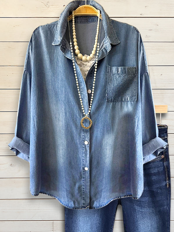 Classic Denim Sequins Pocket Shirt