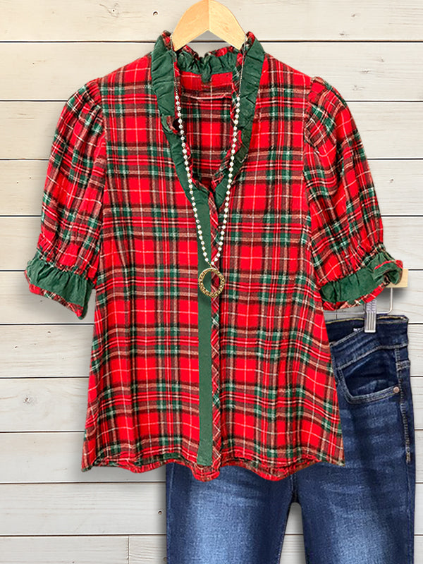 Holiday Cheer Short-Sleeve Plaid Blouse