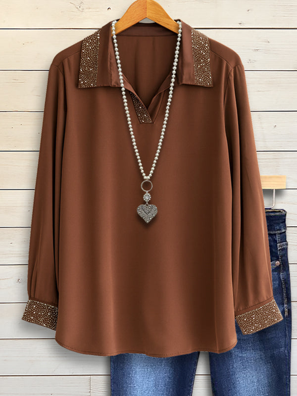 Hot Rhinestone Patchwork V-neck Blouse