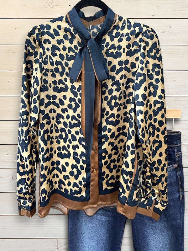 Midnight Leopard Tie-Neck Blouse