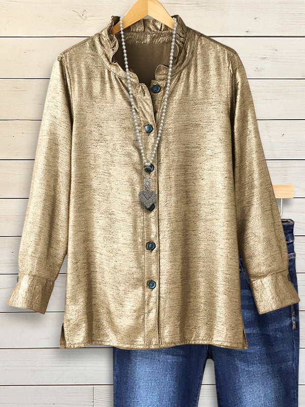 Gold Stand Collar Glossy Shirt