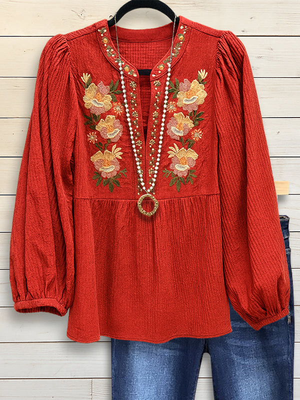 Ember Floral Embroidered Puff Blouse