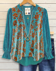 Turquoise Bloom V-Neck Velvet Blouse