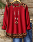 Red Ribbed Leopard Trim Blouse
