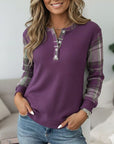 Plum Plaid Sleeve Henley Blouse