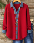 Red & Denim Contrast Button Blouse