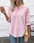 Pink Pinstripe Split-Neck Top