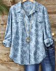 Dusty Blue Floral Button-Up Shirt Top