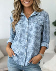 Dusty Blue Floral Button-Up Shirt Top