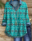 Denim-Trim Geo Print Pullover Top