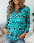 Denim-Trim Geo Print Pullover Top