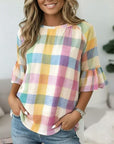 Sweet Pastel Plaid Ruffle Sleeve Top